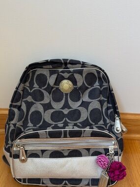 Coach Signature Backpack Book Bag Black Blue Denim Silver F19691